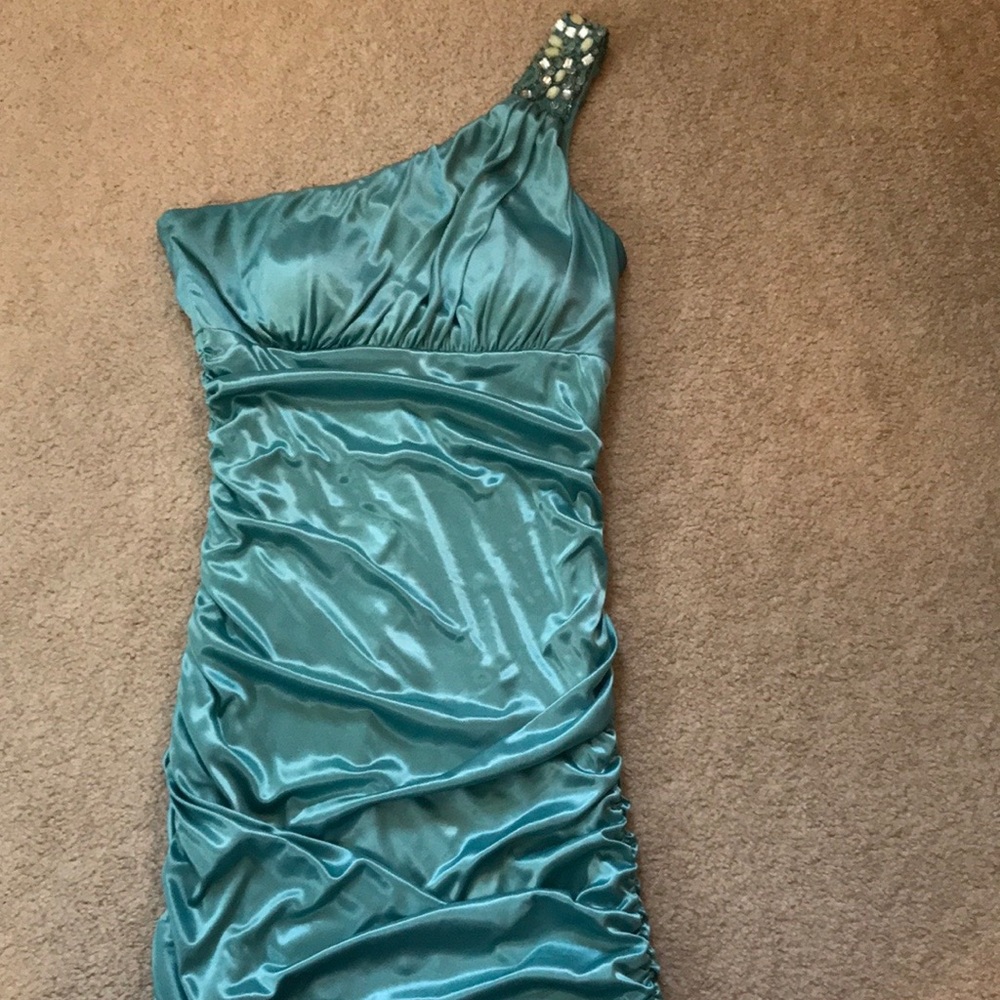 Light blue, mini, formal dress. One shoulder